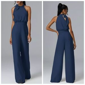 AW Rosalie Chiffon Halter Jumpsuit | Navy | Floor Length | Built-In Bra | NWOT